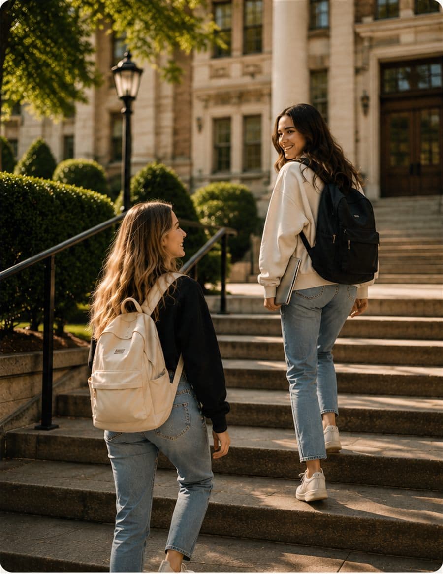 Two students walking up the steps of a university building